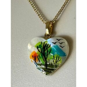 Vintage Heart Necklace White Hand Painted Mother of Pearl Landscape